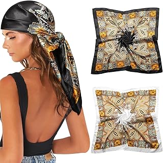 AWAYTR 35” Large Satin Square Head Scarf - 2Pcs Silk Like Floral Head Scarves Square Satin Hair Scarf Bandanas for Women