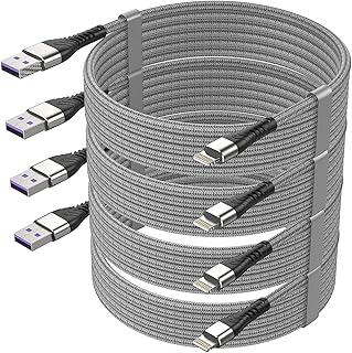 4 قطع 【معتمد من ابل】 سلك شاحن ايفون طويل بطول 10 قدم، كيبل شاحن ايفون متوافق مع ايفون 14/13/12/12/11/11 برو/11 ماكس/اكس/اكس اس/اكس ار/اكس اس ماكس/8/7/6/5S/SE/ايباد ميني، والمزيد (فضي)