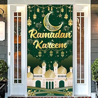 لافتة باب رمضان مقاس 70.8 × 35.4 انش، لافتة رمضان كريم، لافتة رمضان مبارك خضراء لتزيين باب رمضان، ديكورات رمضان مبارك للمنزل | ديكورات رمضان سعيد