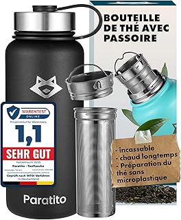 زجاجة شاي بمصفاة سعة 1.2 لتر من باراتيتو، مانعة للتسرب للمشروبات الغازية، امنة للاستخدام في غسالة الصحون - ترمس حراري من الستانلس ستيل مع مصفاة شاي للذهاب للشاي والقهوة والمكتب والمشي لمسافات طويلة