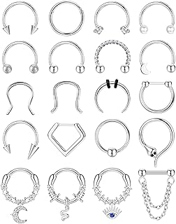 20 قطعة 16 غرام من حلقات الانف للنساء والرجال من الستانلس ستيل فضي ذهبي اسود متعدد الالوان على شكل حدوة حصان، اقراط حلقية مفصلية لزنمة الاذن والشفاه 10 ملم