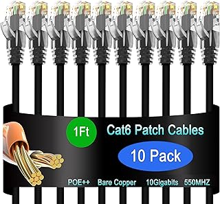 كيبل توصيل ايثرنت كات 6 بطول 1 قدم (10 قطع)، كيبل تصحيح كات 6 لمراكز البيانات، كيبل تصحيح كات 6 10G، كيبلات تصحيح الشبكة لشبكات المنزل والمؤسسات من ليسيمكس - اسود