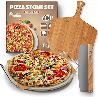 Casa Crunza Pizza Stone Set – 5 PCS Premium Cordierite Pizza Stone Set for Baking & Grilling, Complete Pizza Making Kit with Bamboo Peeling Board, Pizza Cutter, and Greaseproof Paper (ROUNDED-SET)