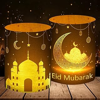 12 فانوس لتزيين طاولة رمضان، مجموعة طاولة زينة رمضان، أسود ذهبي، ديكور عيد مبارك، زينة عيد للمسلمين، اكسسوارات الأطفال على شكل نجمة وقمر للشموع الصغيرة أو الشموع العادية