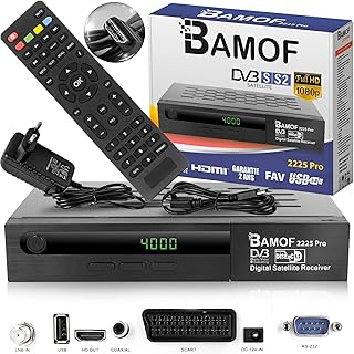 مستقبل ستالايت باموف 2225 برو من اتش دي لاين (تلفزيون HD، DVB-S/DVB-S2، HDMI، سكارت، 2X USB، FHD 1080p) [مبرمج مسبقا لاسترا وهوتبيرد وتوركسات] + كيبل HDMI