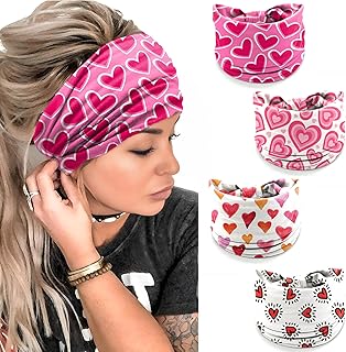 4 Pcs Valentine's Day Headbands for Women, Pink Wide Turban Dress Up Costume Breathable Stretchy Non Slip Head Wrap, Love Heart Printed Pattern Holiday Fall Winter Hair Band for Yoga Running Party