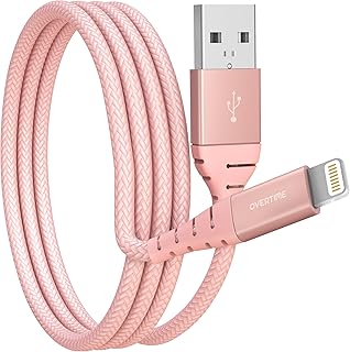 اوفرتايم كيبل شحن ايفون (عبوة واحدة)، كيبل لايتنينج معتمد من ابل بطول 6 قدم، سلك USB نايلون مضفر لايفون 14/13/12/11/برو/ماكس/ميني/SE/XR/XS/X/8/7/بلس/6/6S/SE، ايباد/ايباد اير/ميني، ذهبي وردي