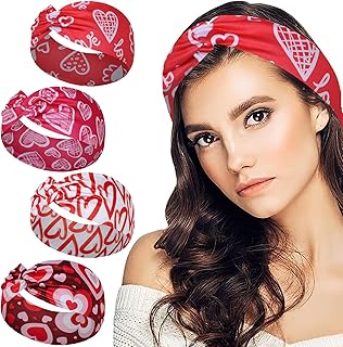 4 Pcs Valentine's Day Headbands for Women, Wide Turban Dress Up Costume Stretchy Breathable Non Slip Head Wrap, Love Heart Holiday Fall Winter Hair Band for Yoga Running Party