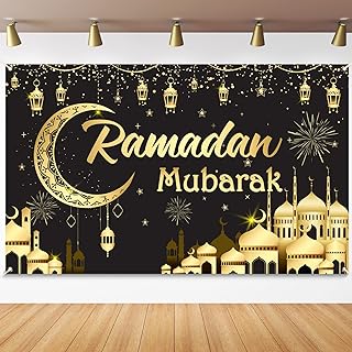 زينة حفلات بعبارة رمضان مبارك وعيد مبارك، خلفية لزينة حفلات رمضان، لافتة زينة لحفلات رمضان