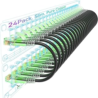 كيبلات تصحيح Cat6a رفيعة بطول 6 قدم (24 قطعة)، كيبل توصيل ايثرنت كات 6 مرن 10G 550MHZ، كيبل تصحيح كات 6 نحاسي نقي 28 ايه دبليو جي لخزانة الشبكة، كيبل توصيل كات 6 اسود من سوكوفت