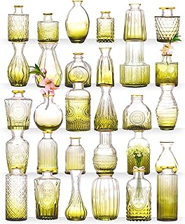 Heirloom Hills Bud Vases for Home Decor, Crystal Clear Glass Flower Vase Set of 30 with Hand-Painted Gold Rims, Small Vases for Centerpieces and Wedding Decorations, (Green, Set of 30)