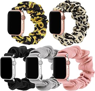 Bigqin 5 حزم فرقة Scrunchie متوافقة مع ساعة أبل 44 مم 42 مم، نمط نسيج ناعم بديل حزام مطبوع ل iWatch Series 6 SE 5 4 3 2 1، أسود وردي رمادي فهد عباد الشمس, Small