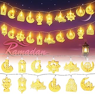 مصابيح رمضان الخيالية بطول 3 متر، 20 مصباح LED مقاوم للماء على شكل اكليل على شكل نجمة وقمر وزينة رمضان لديكور المنزل والحفلات الخارجية