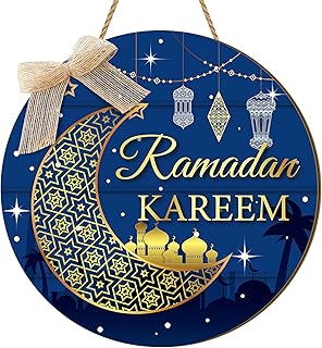 Anglechic Ramadan Door Sign Ramadan Wooden Hanging Decorations, Round Eid Mubarak Wooden Hanging Sign Wreath Moon Decorations, Ramadan Mubarak Muslim Wall Window Decorations, Blue (Ramadan Kareem)