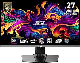 MSI شاشة العاب 27 OLED 271QRX QD-OLED من ام بي جي، 2560 × 1440 (QHD)، وقت استجابة OLED 0.03 مللي ثانية، 360Hz، ترو بلاك HDR 400، HDMI، منفذ DP، USB نوع C، امالة، ارتفاع، أسود