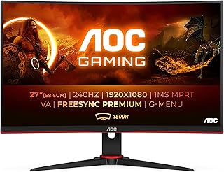 شاشة العاب منحنية كيرف من ايه او سي FHD 27 انش، 240Hz، 0.5 مللي لكل ثانية، في ايه، AMD فري سينك بريميوم، تاخير ادخال منخفض (1920x1080 @240Hz، 300cd/m² HDMI/DP)، متعدد الالوان