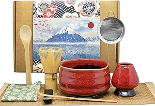 Annie & Mia Design Matcha Whisk Set (9pcs), Japanese Tea Matcha Set includes Ceramic Matcha Bowl, Bamboo Matcha Whisk(chasen), Ceramic Matcha Whisk holder, Bamboo Matcha Spoon (chashaku). Red color.