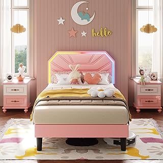 LIKIMIO Twin Bed Frames with Lighted Headboard, Upholstered Modern Cama Twin Platform Bed with Heavy Duty Supports, No Box Spring Need, Noise Free, Easy Assembly, Pink