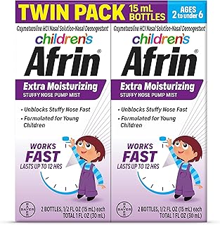 Afrin Childrens, Extra Moisturizing Stuffy Kids Nasal Spray Pump Mist, Up to 12 Hour Nasal Congestion Relief for Cold or Allergy Symptoms, for Children Ages 2-6 - Twin Pack, 30 mL