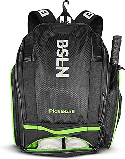 BSLN Pickleball Bag - Large Pickle Ball Sports Backpack with Padded Paddle Pockets & Large Bottom Sack for Shoes - Hanging Fence Hook, Storage Compartments for Laptop, Insulated Water Bottle