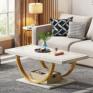 Tribesigns Modern Coffee Table White Gold Living Room Table Faux Marble Cocktail Table with Geometric Frame, Rectangular Centre Table Tea Table Accent Furniture Table Sofa Side Table for Home Office