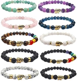 Jewdreamer 10Pcs 8mm Chakra Bead Bracelet Elephant Gifts for Women Men Natural Stone Bead Bracelets Lava Rock Reiki Crystals Yoga Bracelets