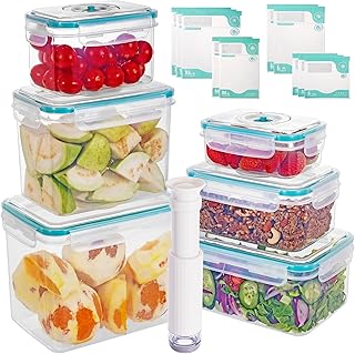 FreshSeal Vaccum Sealed Food Storage Container Set, 6 Stackable Containers with Hand Vacuum Pump and 10 Vacuum Sealable Bags