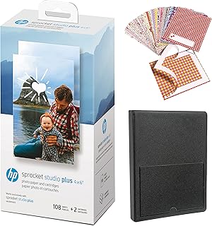 HP طابعة سبروكيت ستوديو بلس 4×6 واي فاي مطبوعة من جهاز اي او اس واندرويد الخاص بك - حزمة المبتدئين: تتضمن 108 ورقة وخرطوشتين واطارات ملصقات وألبوم صور، من اتش بي، حقن للحبر