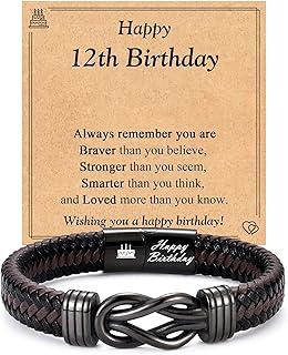 12th-40th Birthday Gift for Boys Him Men, Leather Knot Bracelet Gifts for 12 13 16 18 Year Old Boys Son Grandson Nephew Friend with Birthday Card, Stainless Steel, no gemstone